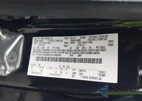 2014 Ford Escape Se z USA, uszkodzony, nr VIN 1FMCU0G99EUC98291